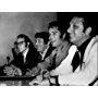 Elvis Presely, Bones Howe (director), Steve Binder (producer), and Bob Finkel (producer) at a press conference, 1968.