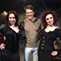 Jen and Sylvia Soska with Jason Blum on the set of Hellevator.